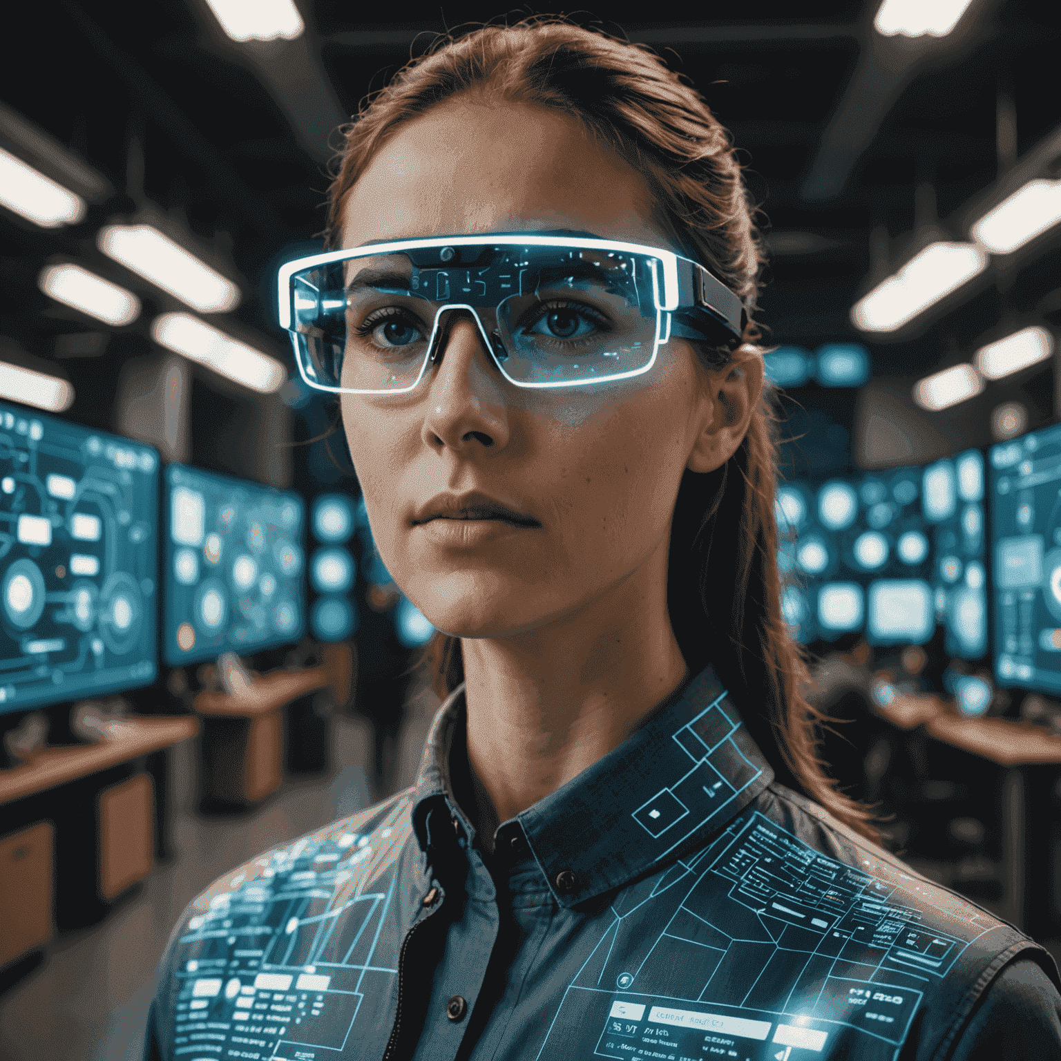 A person wearing sleek AR glasses with holographic interface displaying various information and apps in their field of vision